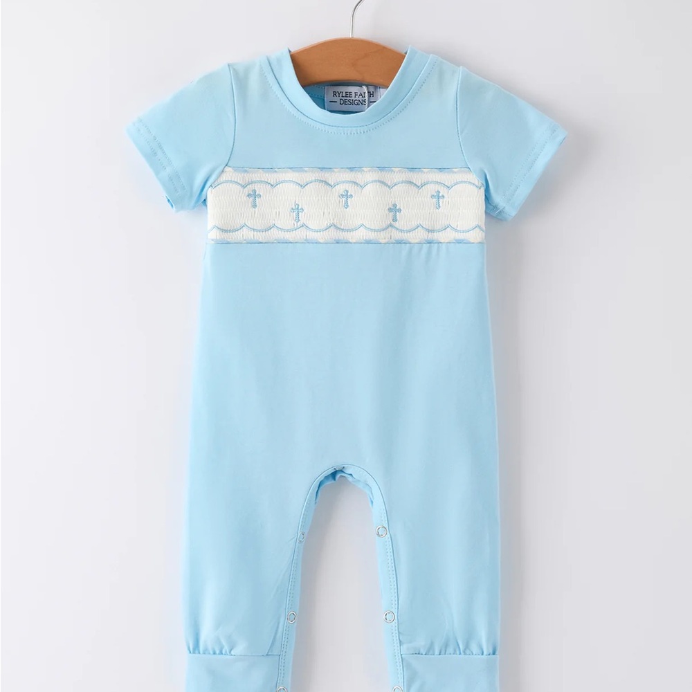 Blue Baby Romper with White Embroidery